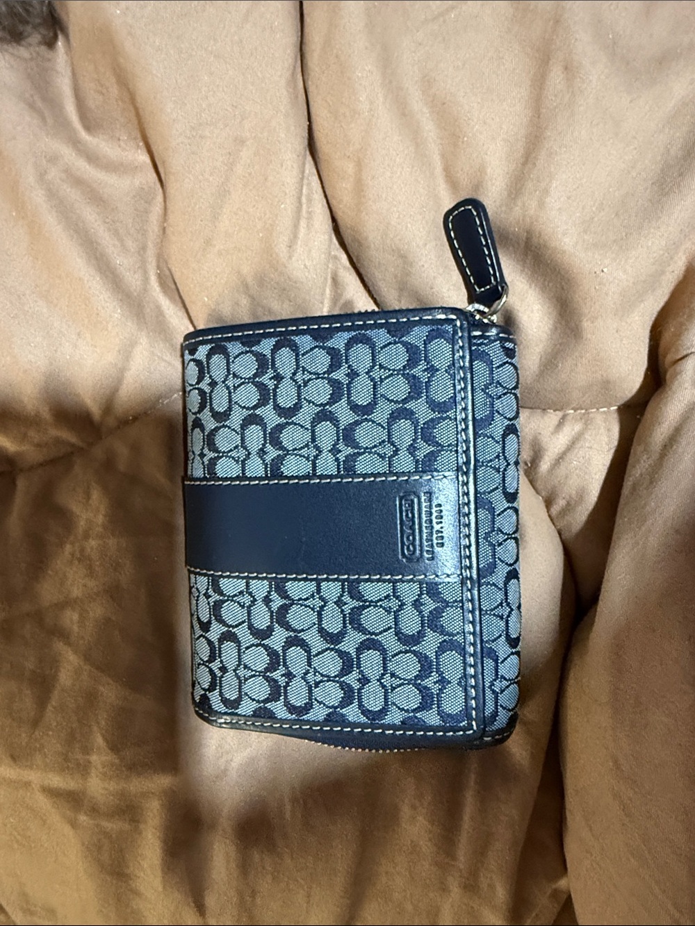 Coach Navy Signature Zip-Around Wallet with Leather Trim